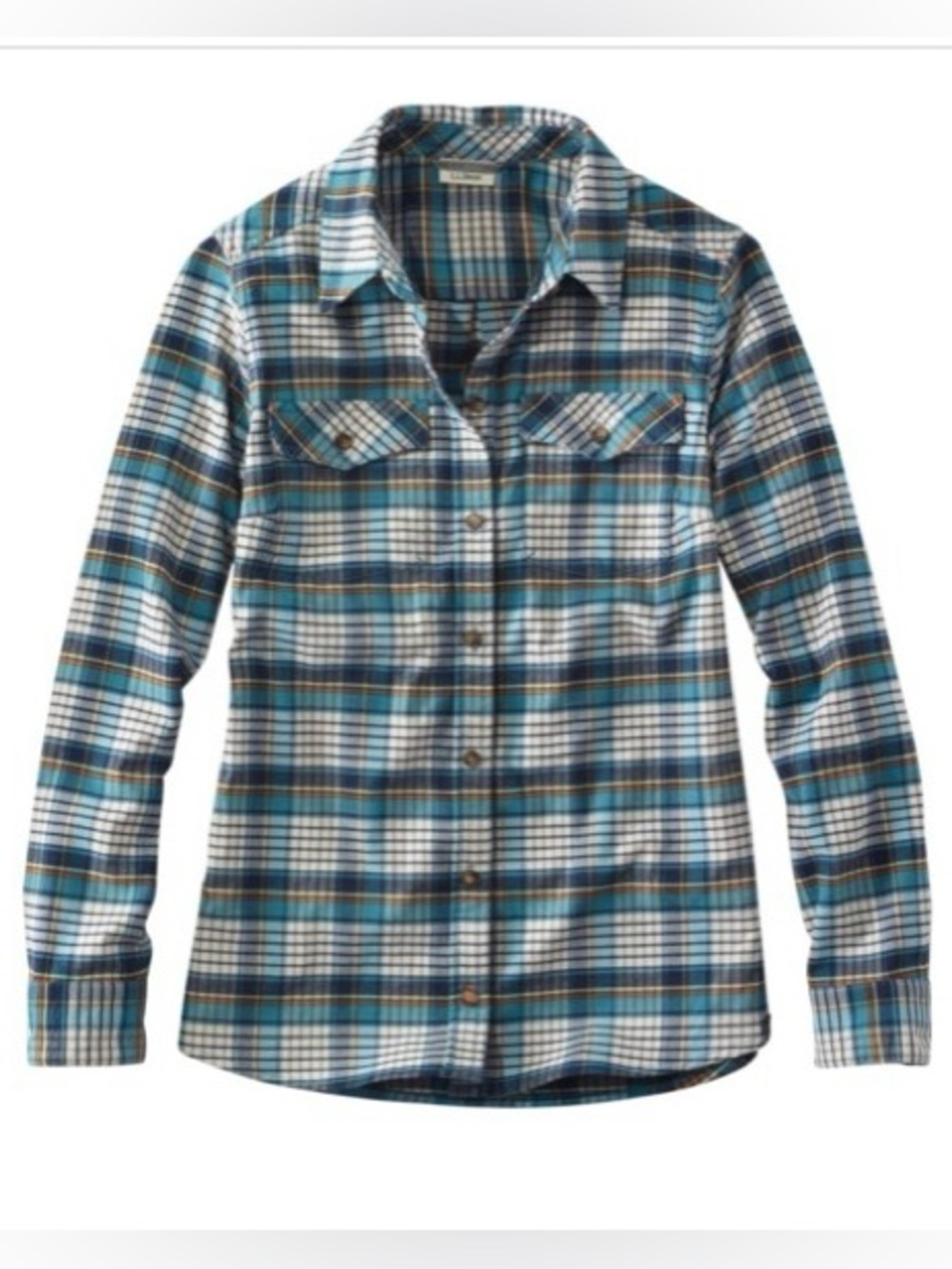 L.L. Bean Whisper Lodge FlannelBlue White Green Plaid Button-Down Shirt